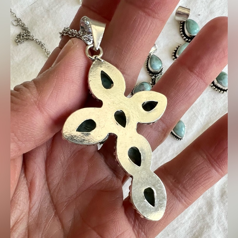925 Calming Caribbean Larimar Cross Necklace Pendant (you choose size!) - Picture 7 of 9